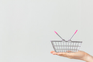 Close-up of a woman's hand holding in the palm of her hand a small metal shopping basket with a pink plastic handle isolated on a white background. concept of shopping. copy space for advertising