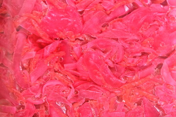 close-up of red cabbage sauerkraut in glass container