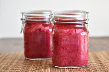 homemade red cabbage sauerkraut in glass container