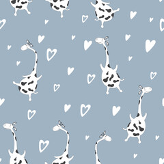 Fototapeta premium Seamless pattern of cute flying giraffes on the blue sky. Suitable for printing on paper, packaging, and children's textiles. Vector drawn characters in the style of comics
