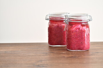 homemade red cabbage sauerkraut in glass container