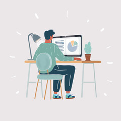 Vector illustration of Rear view of a casual young business man using computer on white background. Man working in office or home. Rear view person on white background.