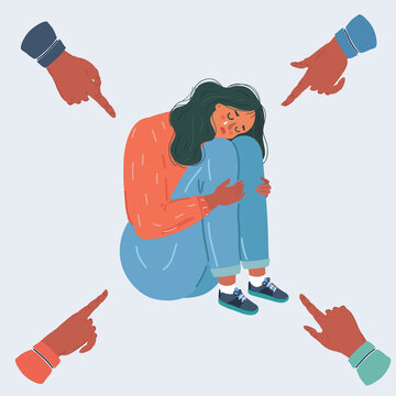 Vector illustration of Teenager student with fear at his school. Bullying of young woman girl on white background. People point they fingers at her.