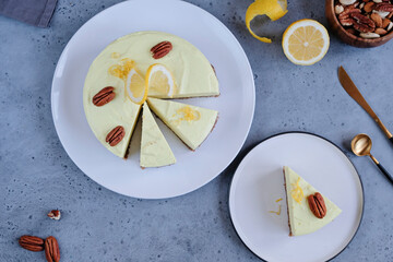 Homemade lemon raw vegan cake - healthy dessert made from coconut milk, butter, cashew, if-if