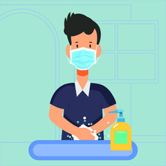 Young man wear masks use alcohol antiseptic gel to clean hands and prevent germs. Premium Vector
