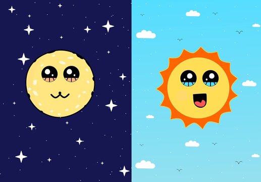 Set of cute sun and moon, day and night. Day and night illustrations with funny smiling cartoon characters of sun and moon. Illustration of a split-screen showing the sun and the moon. 