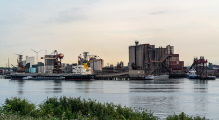 Fototapeta premium Harbor at Europoort Rotterdam, Netherlands, with port buildings and cranes along the river under a cloudy sky