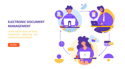 Remote office electronic document flat vector landing page template. Digital communication.