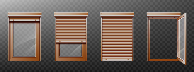 Fototapeta premium Window with roller shutter up and close. Brown plastic pvc single casement blinds. Opened and shut front view. Realistic 3d vector home facade design elements isolated on transparent background, set