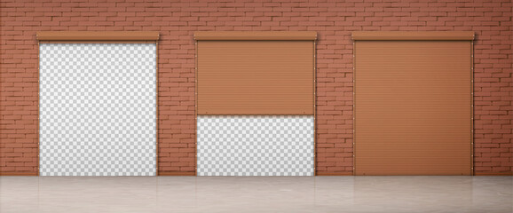 Gate with brown rolling shutter in brick wall. Vector realistic set of closed and open roller up for garage or warehouse door. Building facade with blinds and transparent background behind