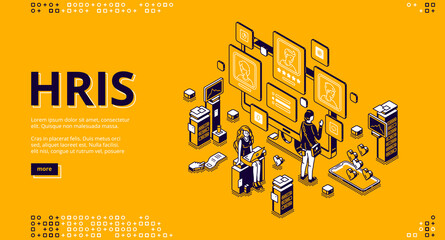 Hris isometric landing page. Human resources information system IT and HR technologies, people at multiple screens with software for employees organization and store data 3d vector line art web banner