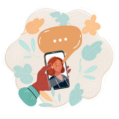 Vector illustration of woman chat with phone. Her face at sceen. Speech bubble above. Hand hold smartphone.