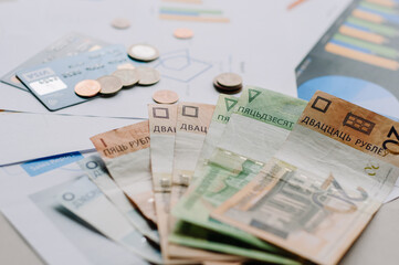 Stock graph report with calculator, pen and money for business