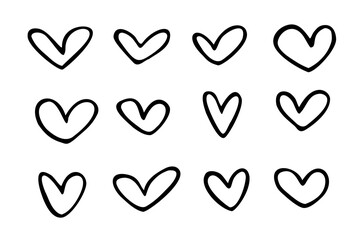 Vector set of contours of hearts isolated on white background. Symbol of love. Simple illustration for Valentine' Day or web design. Hand drawn, cartoon style