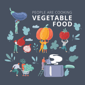 Vector illustration of chopping food vegetable ingredients. Tiny people in cooking prosses. Eggplant, pumpkin, tomato, onion, carrot, pan, broccoli, garlic. Man and woman on white background.