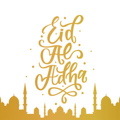 Eid al-Adha Mubarak golden calligraphic inscription translated into English as Feast of the Sacrifice. Arabic design background. Handwritten greeting card, invitation etc