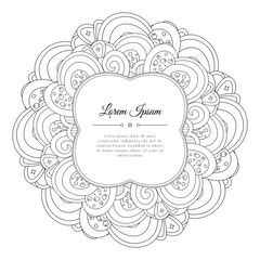 Black and white hand drawn floral doodle frame. Flowers, leaves and paisley. Abstract background.