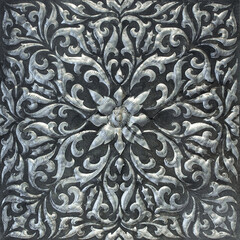 Pattern of Silver Metal Plate with Flower Carved Background, Thai Style