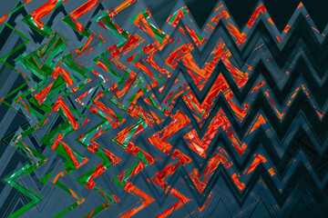 Abstract zigzag pattern with wave on floral theme. Artistic image processing created by photo of Chinese hibiscus flower. Beautiful multicolor pattern in red, blue, green tones. Background image