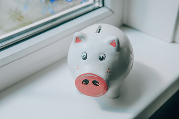 piggy bank at window sill indoors, closeup. Space for text