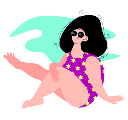 Summer female character. Stock vector illustration of smiling girl in sunglasses and swimsuit. Relaxed pose for relaxing on the beach or in the hotel pool. Beach party and holiday. White isolated.