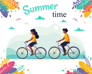Fototapeta na wymiar Black man and black woman riding bicycles in the park. The concept of a healthy lifestyle, summer time. Vector illustration in a flat style.