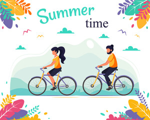 Fototapeta na wymiar Man and woman riding bicycles in the park. The concept of a healthy lifestyle, summer time. Vector illustration in a flat style.