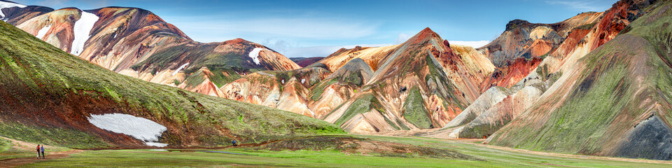 Panoramic true Icelandic rough landscape view of colorful rainbow volcanic Landmannalaugar mountains, volcanoes, streams and famous Laugavegur hiking trail, Iceland