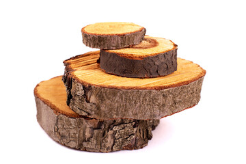 Cross section of trunk on white background. Wood cuts of different diameter isolate