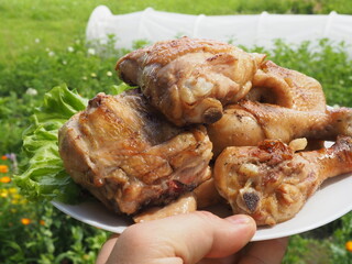 grilled delicious chicken on a plate. barbecues.