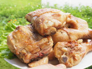 grilled delicious chicken on a plate. barbecues.