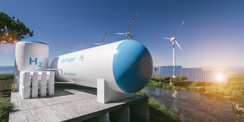Fototapeta Hydrogen renewable energy production - hydrogen gas for clean electricity solar and windturbine facility. 3d rendering. obraz