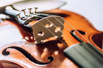 Fototapeta premium Violin parts. Bow first on white marble background. Selective focus.
