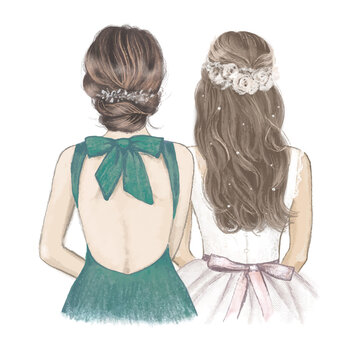 Bride with bridesmaid side by side, wedding invitation. Hand drawn illustration in vintage style