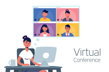 woman using desktop in virtual conference communication