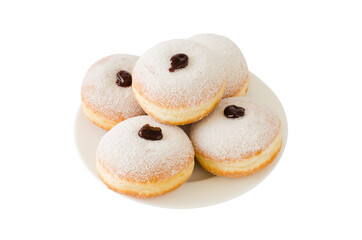 Traditional sweet donuts with powdered sugar and jam. Fat Thursday or Hanukkah celebration.