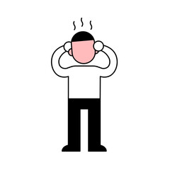 Sick man pressing hands to his red burning head, minimal black and white outline icon. Flat vector illustration. Isolated on white background.