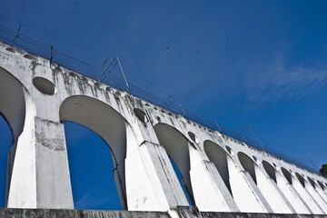 Low angle shot of a white bridge and clear blue sky