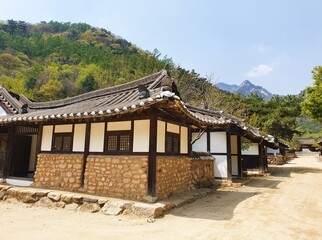 Small Korean buildings near forested mountains under a blue sky at daytime