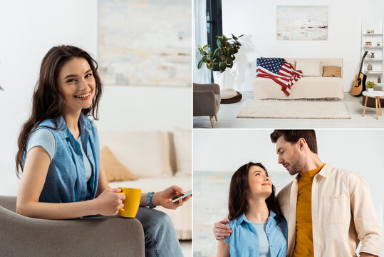 Collage of smiling woman holding cup and smartphone, man embracing girlfriend and american flag on couch on living room