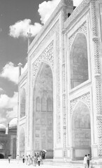 Visitors seem dwarfed by the unexpecgted size of the  Taj Mahal. Agra, India,  August 1968.