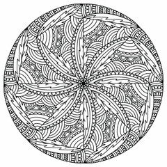 mandala with linear ornaments and abstract leaves drawn on a white background for coloring, vector