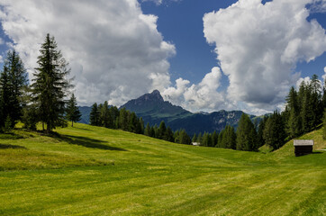Fototapeta na wymiar Armentara meadows with Sass de Putia mountain on the trail to La Val, Alta badia, Dolomites, South Tyrol, Italy.