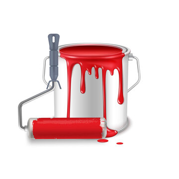 An Open Tin Can With Spilled Red Paint And A Roller Brush Smeared In Paint.