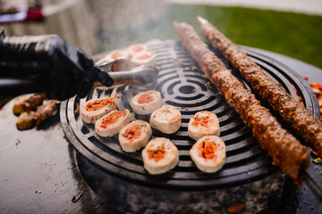 Roasted minced kebab with rolled white meat stuffed with vegetables. Barbecue and outdoor party