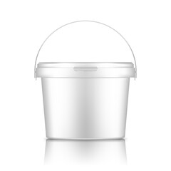 White bucket with handle mockup isolated from background: ice cream, yoghurt, mayonnaise, paint or putty container. Plastic package design. Blank food or decor product template. 3d vector illustration