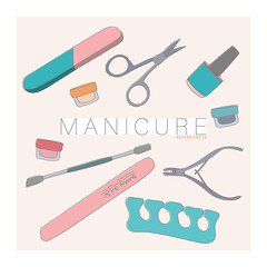 Set of vector tools for manicure. Scissors, file, nail polish, cuticle tweezers. Illustration for design, blogging, advertising..