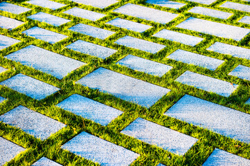 Gray concrete paving stones overgrown with green grass, environmentally friendly road, summer day.