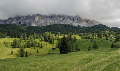 View of Armentara meadows from Roda de Armentara trail, at the foot of Sasso di Santa Croce/Kreuzkofel mountain in eastern Dolomites, Alta Badia, South Tirol, Italy.