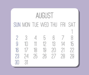 August year 2020 monthly light minimalist calendar